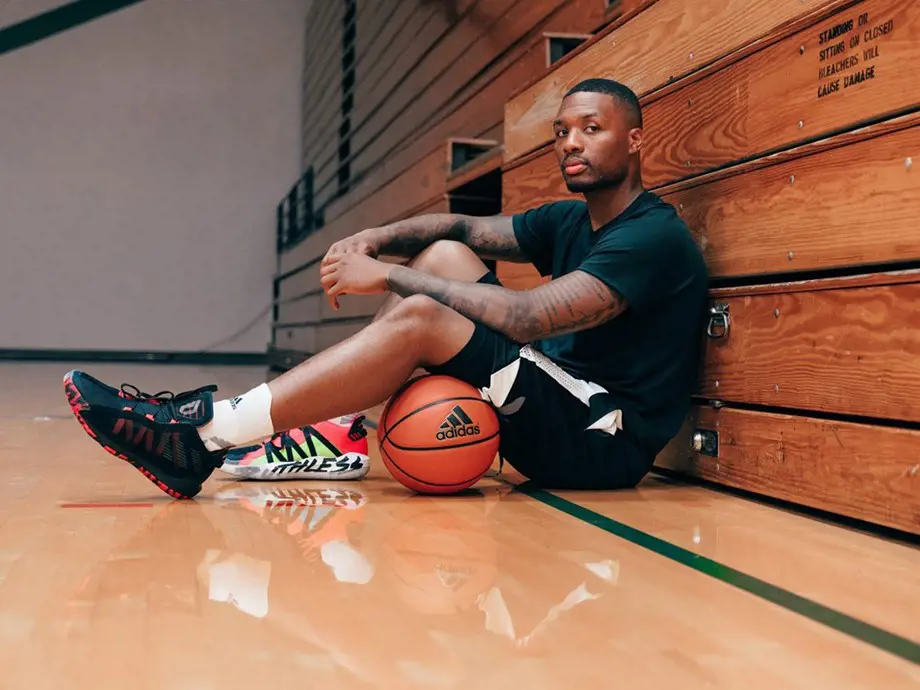 Damian Lillard wearing adidas Dame 6 in a promotional shoot before its release in late 2019.