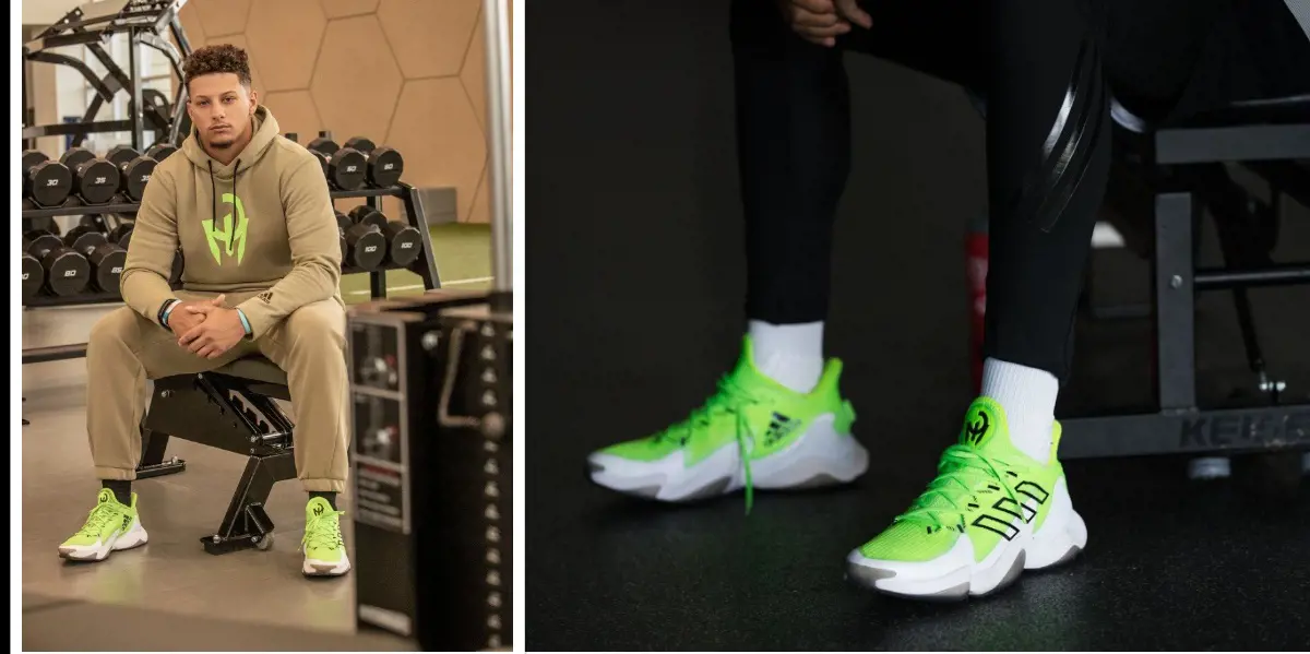 NFL player Patrick Mahomes wearing the signature training shoe, the Mahomes 1.0 Impact FLX before its release in 2021.