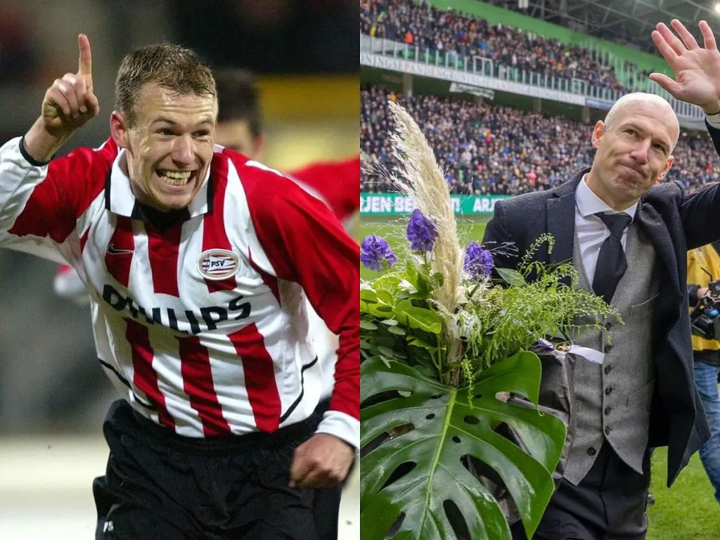 Arjen Robben while he was at PSV back in early 2000 and him on his retirement in 2021