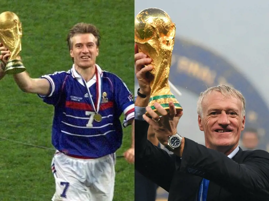 Didier Deschamps winning the World Cup as a player in 1998 and him lifting the trophy in 2018 as a manager
