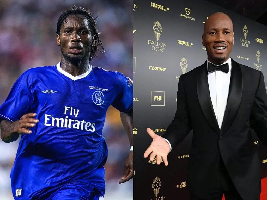 Didier Drogba on Chelsea shirt for the first time in 2004 and him at the 2022 Ballon d'Or award ceremony