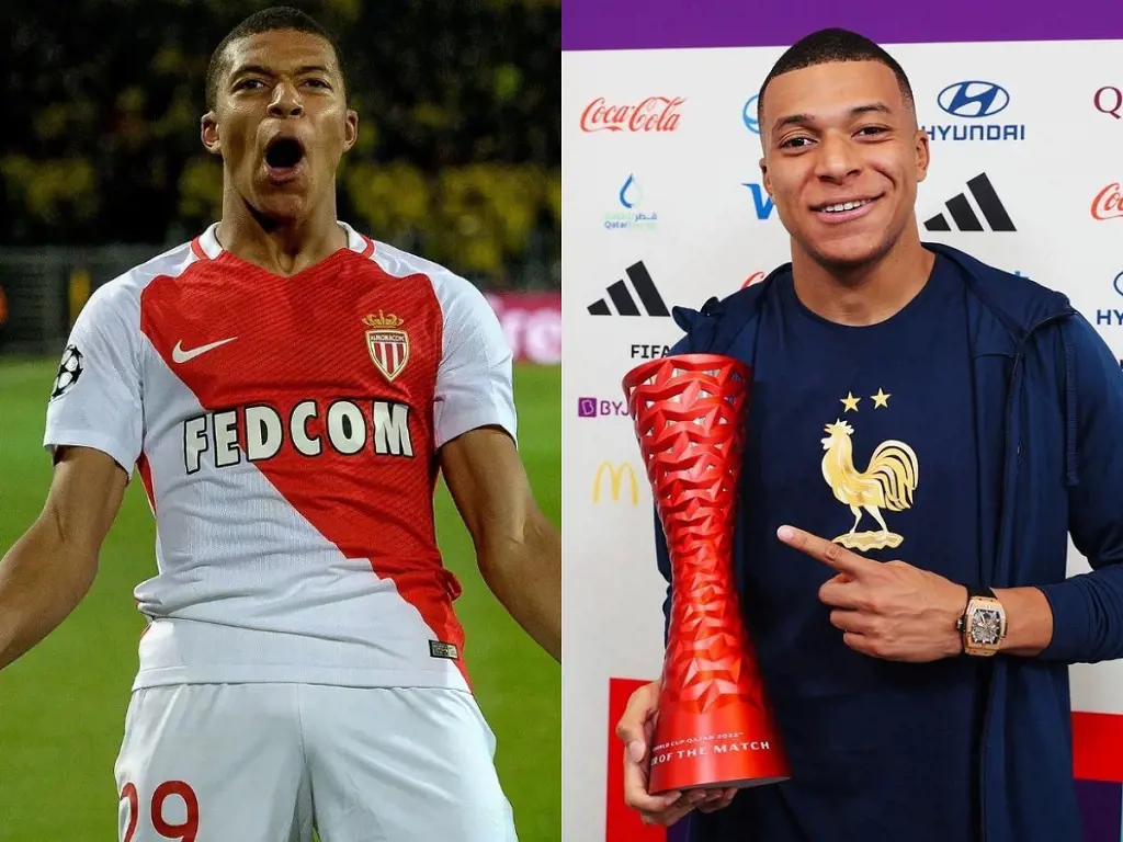 Kylian Mbappe celebrating after thrashing Borussia Dortmund out of the Champions League in 2017 and him winning the MOTM in the 2022 Qatar World Cup