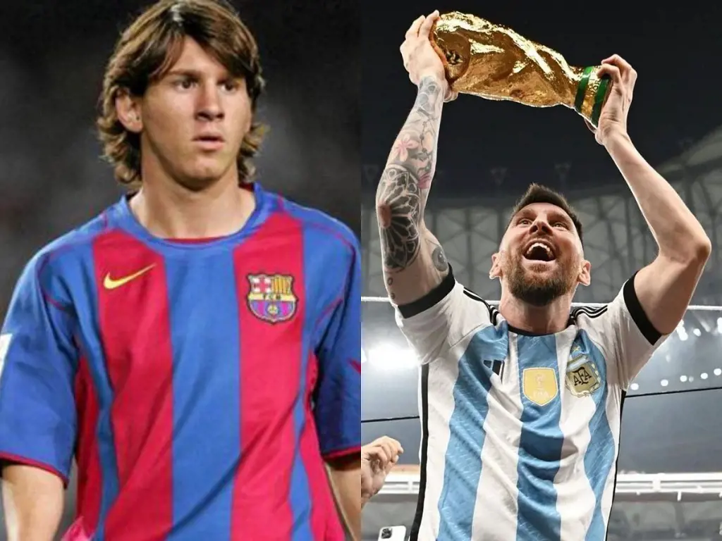 Lionel Messi on his debut against Espanyol in 2004 and him lifting the World Cup in 2022