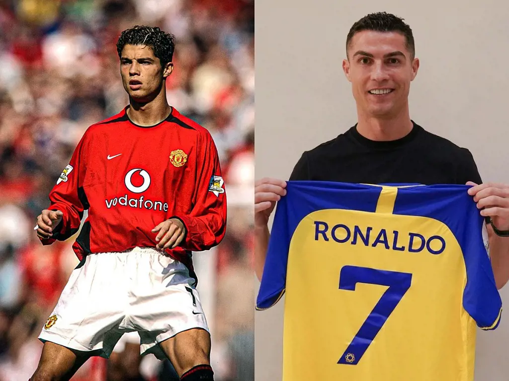 18 year old Ronaldo on his Manchester United debut in 2003 and when he signed for Saudi Arabian club Al Nassr in 2023