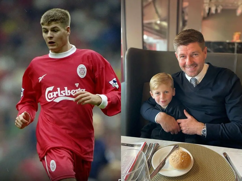 Steven Gerrard made his first Liverpool start 1998 and him with his son Lio Gerrard in 2022