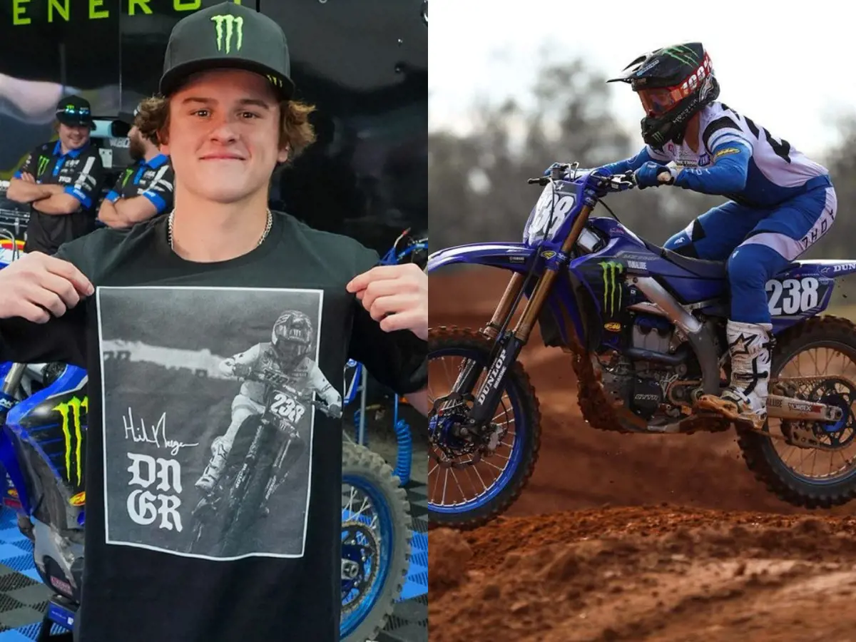 Haiden promoting his t-shirt at the Supercross racing in February 2023