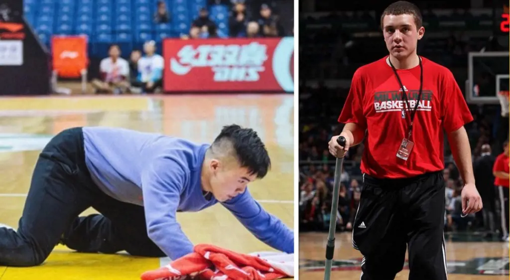 Meng Fei(left) is a Chinese basketball court floor cleaner.