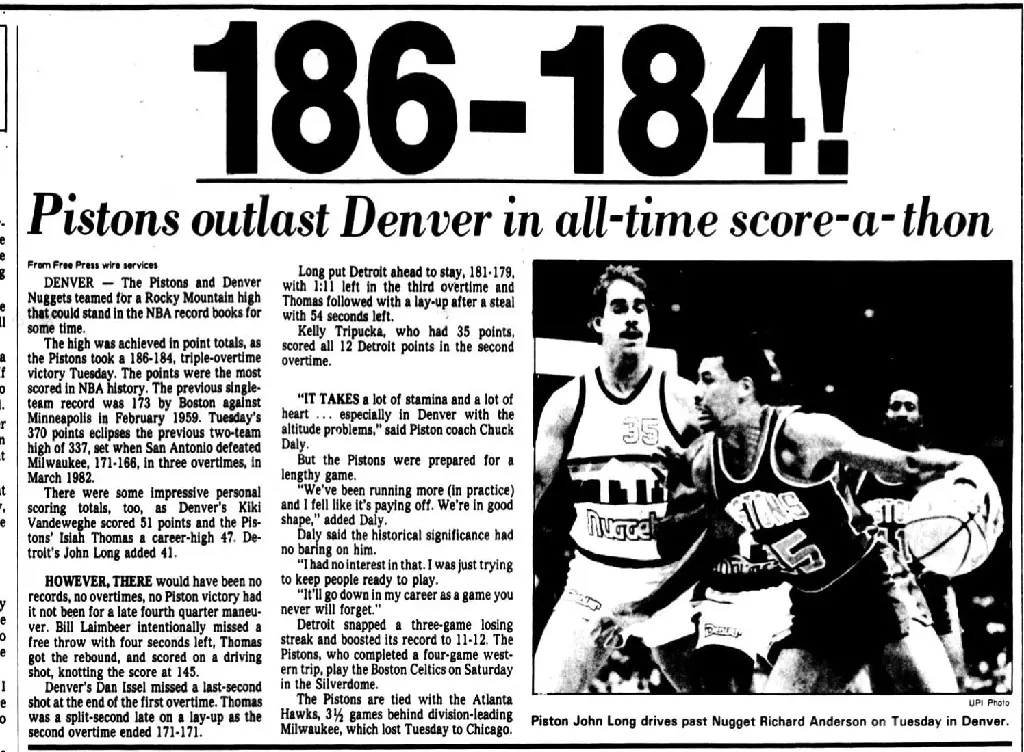 The Detroit Pistons defeated the Denver Nuggets by a score of 186-184 in triple overtime in the highest-scoring game in the history of the NBA in 1983