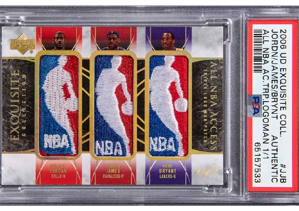 The 2006-07 Upper Deck Exquisite Collection All NBA Access Triple Logoman #TL-JJB Michael Jordan/LeBron James/Kobe Bryant Game-Used Logoman Patch Card