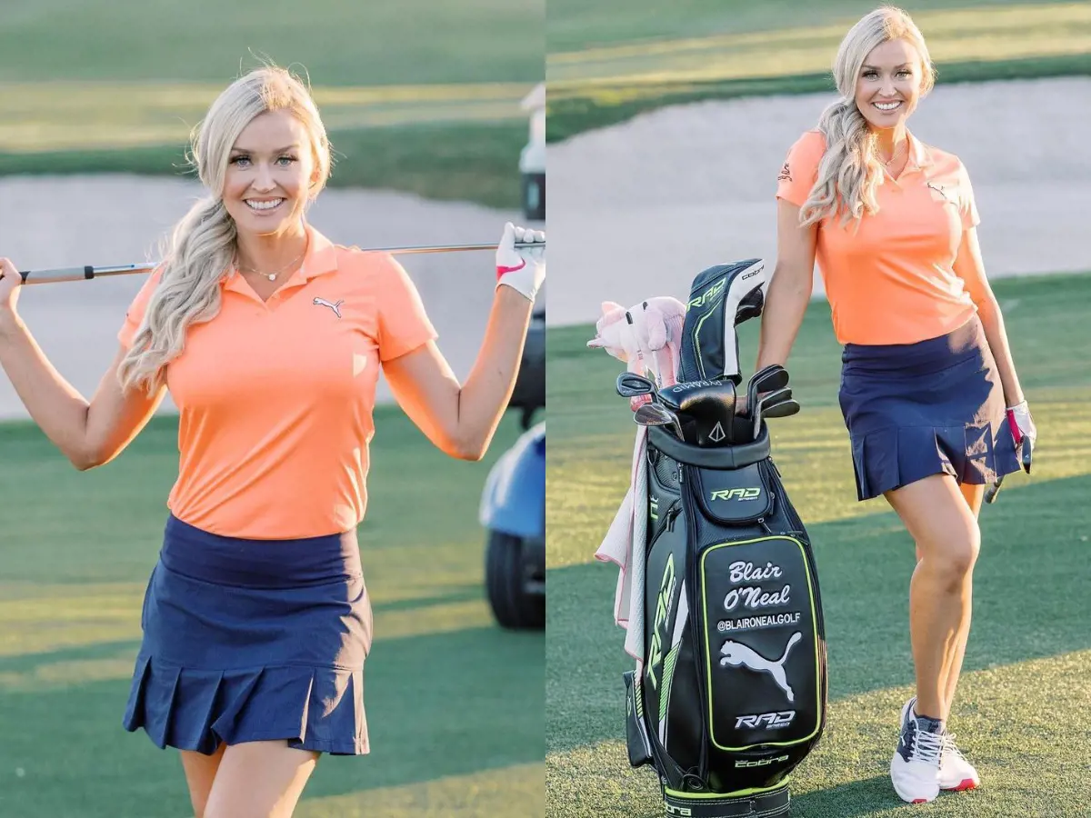 Blair O'neal looks chic in Puma's orange Polo and black skirt along with the golf bag at Grayhawk Golf Club in June 2021