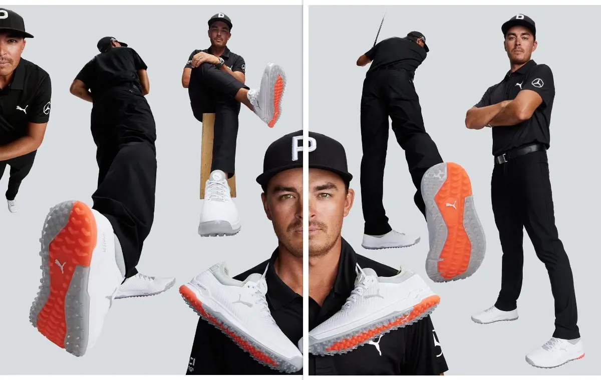 Rickie Fowler promoting Puma shoes in style in February 2022