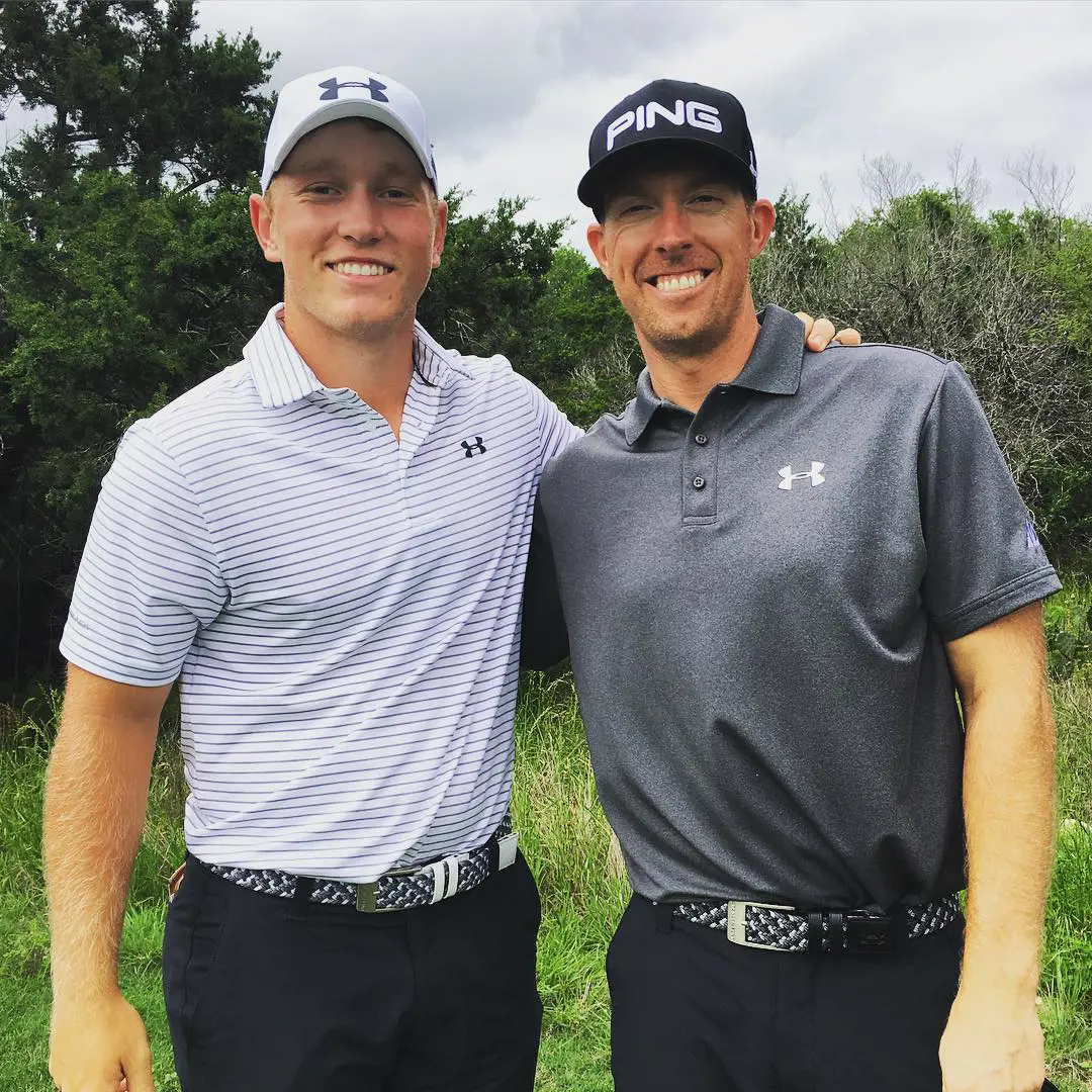 Hunter(left) getting ready for the Valero Texas Open with Brad Dalke(right) on April 20, 2016. 