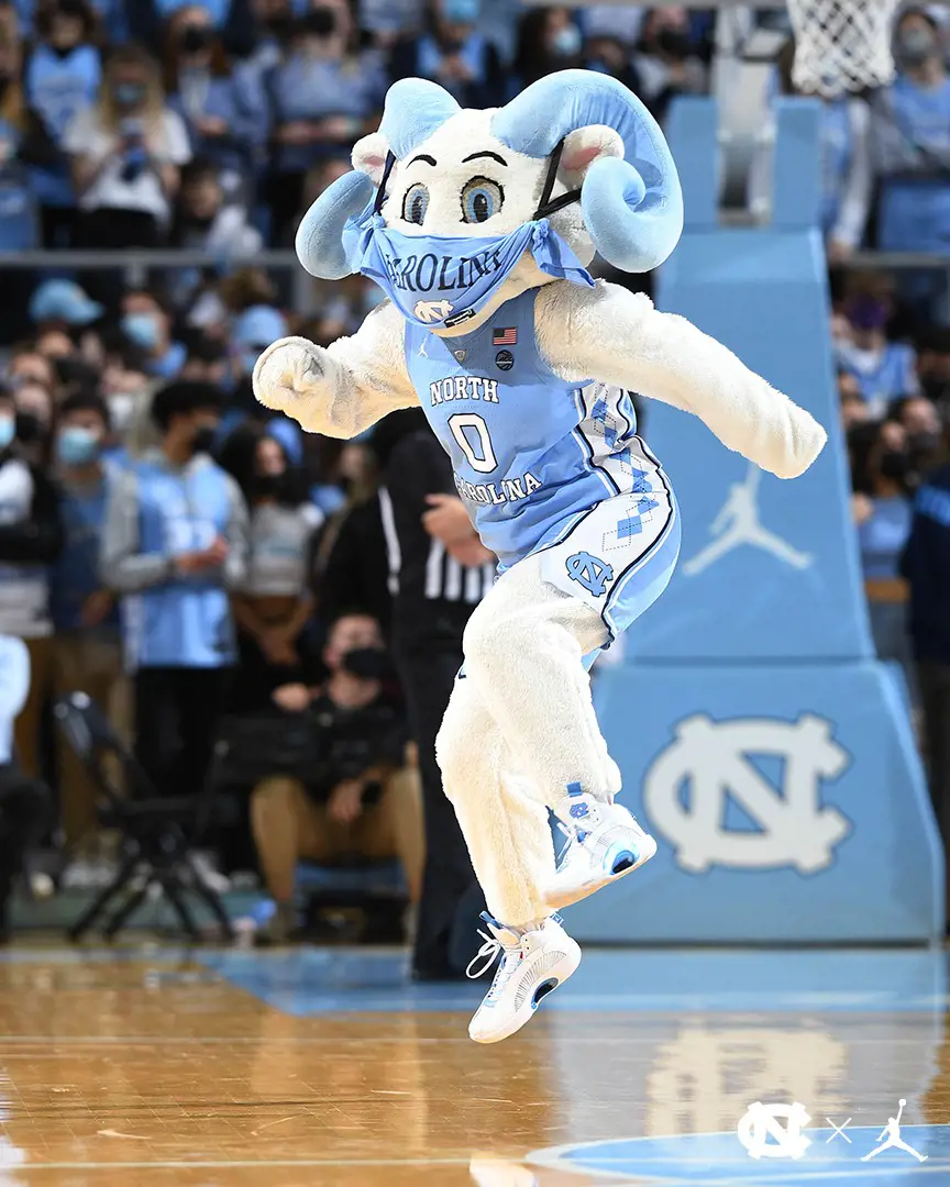 UNC basketball mascot dancing after the win in January 2022