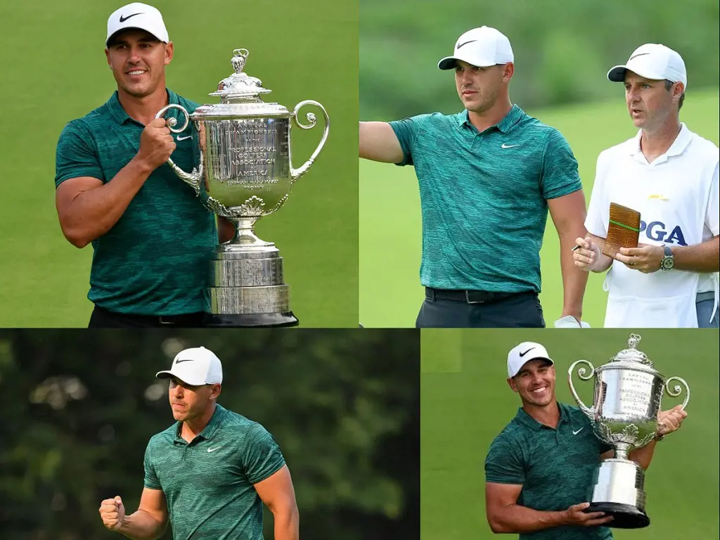 Brooks Koepka holding the Wanamaker Trophy at Bellerive Golf Course