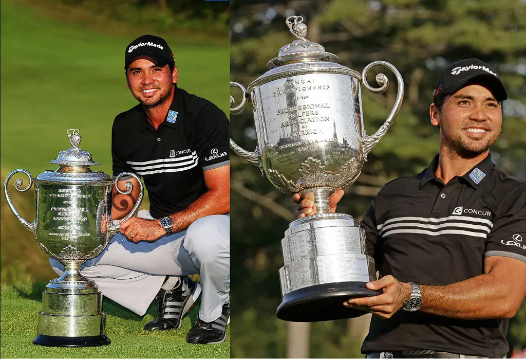 Day poses with the Wanamaker trophy after claiming his first major title in 2015