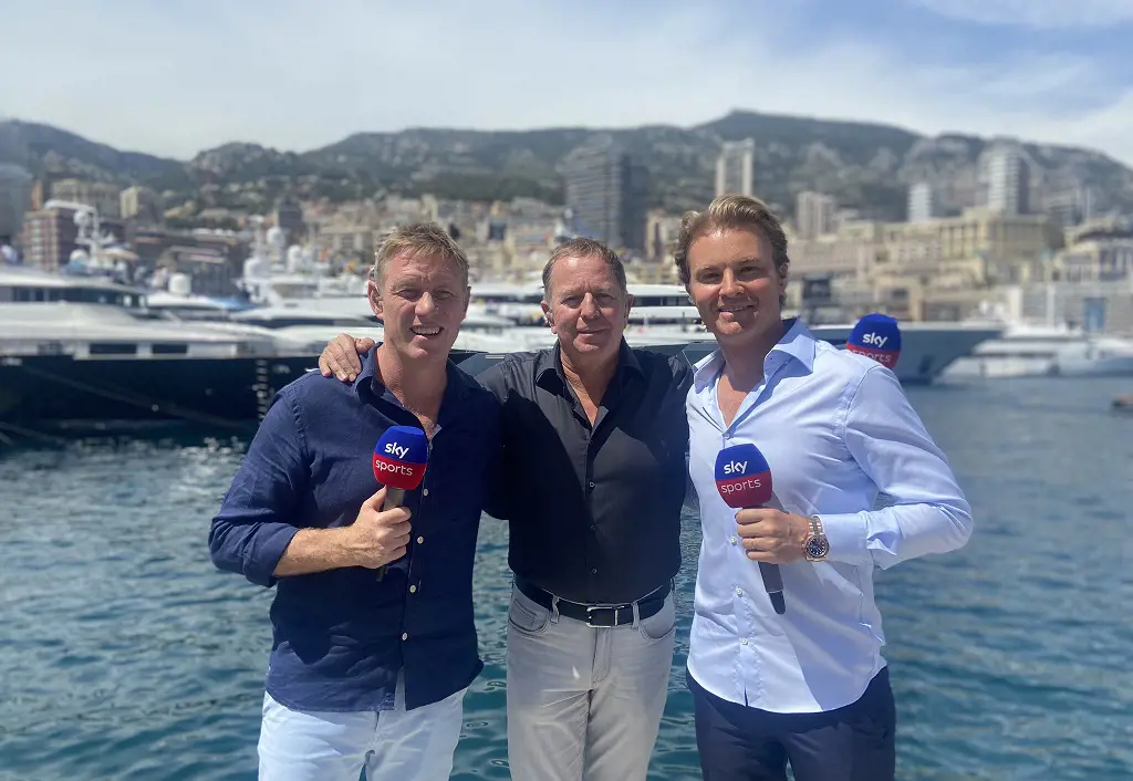 Simon Lazenby with Sky Sports F1 crew during the 79th running of the Monaco Grand Prix in May 2022