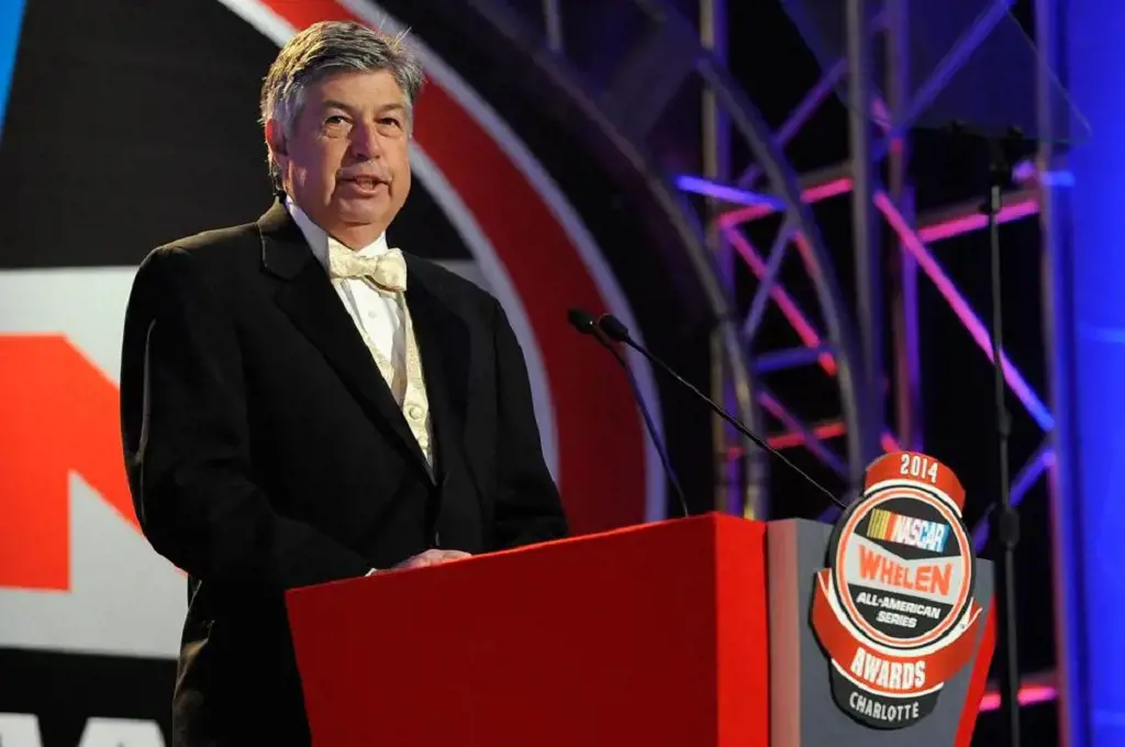 Mike speaking during the NASCAR All-American series awards at Charlotte Convention Center in 2014. 