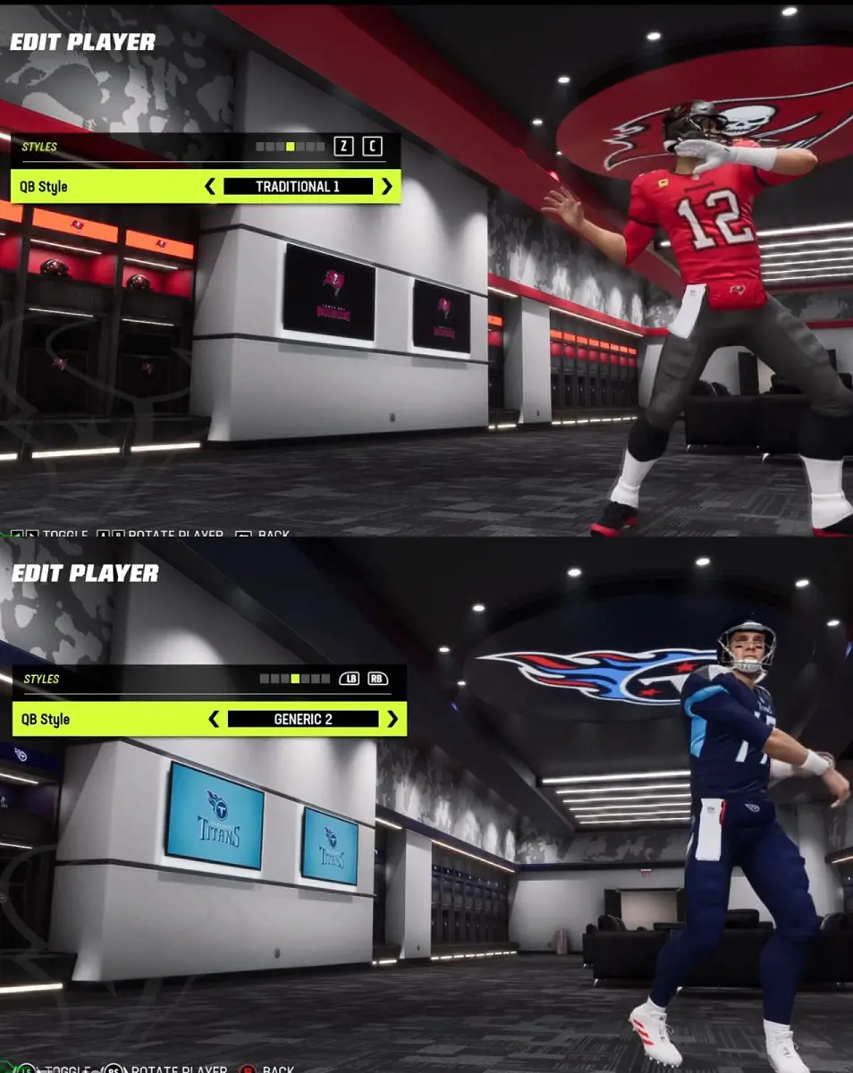 Different throw styles in the American football video game.