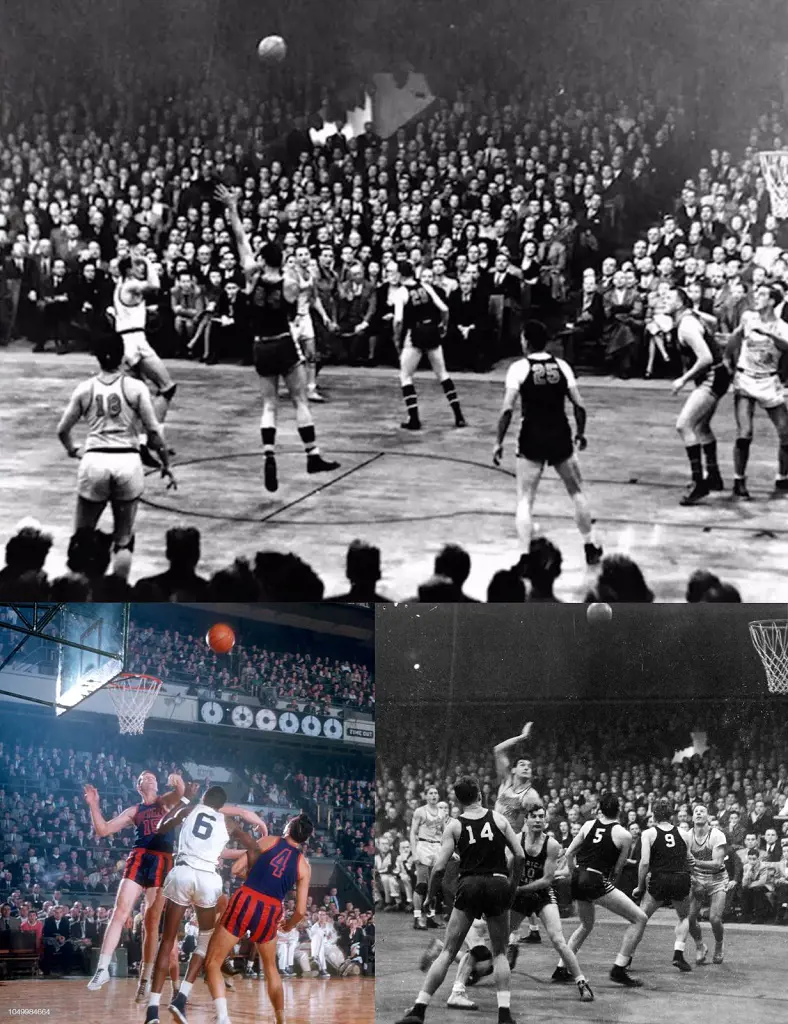 The Rochester Royals battle for the rebound with the New York Knicks during an NBA game on December 6, 1955 at the Madison Square Garden in New York