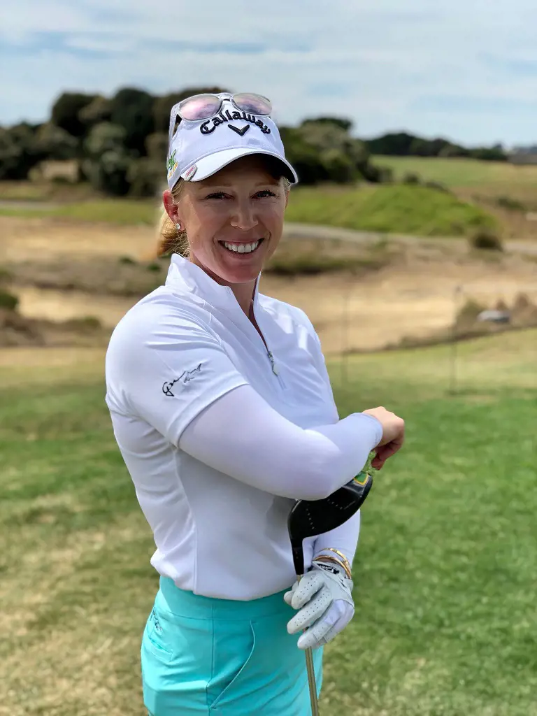 Morgan Pressel at the golf course while donning Callaway golf head gear