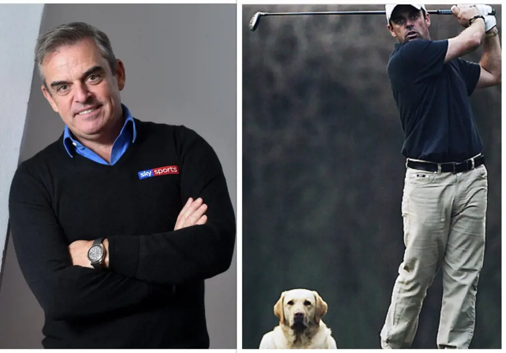 Paul McGinley poses in a Sky Sports trademark sweatshirt at the network's HQ