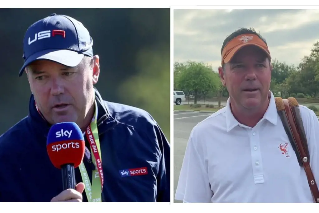 Beem holding the Sky Sports mic and donning the network's blazer while reporting on a golf match