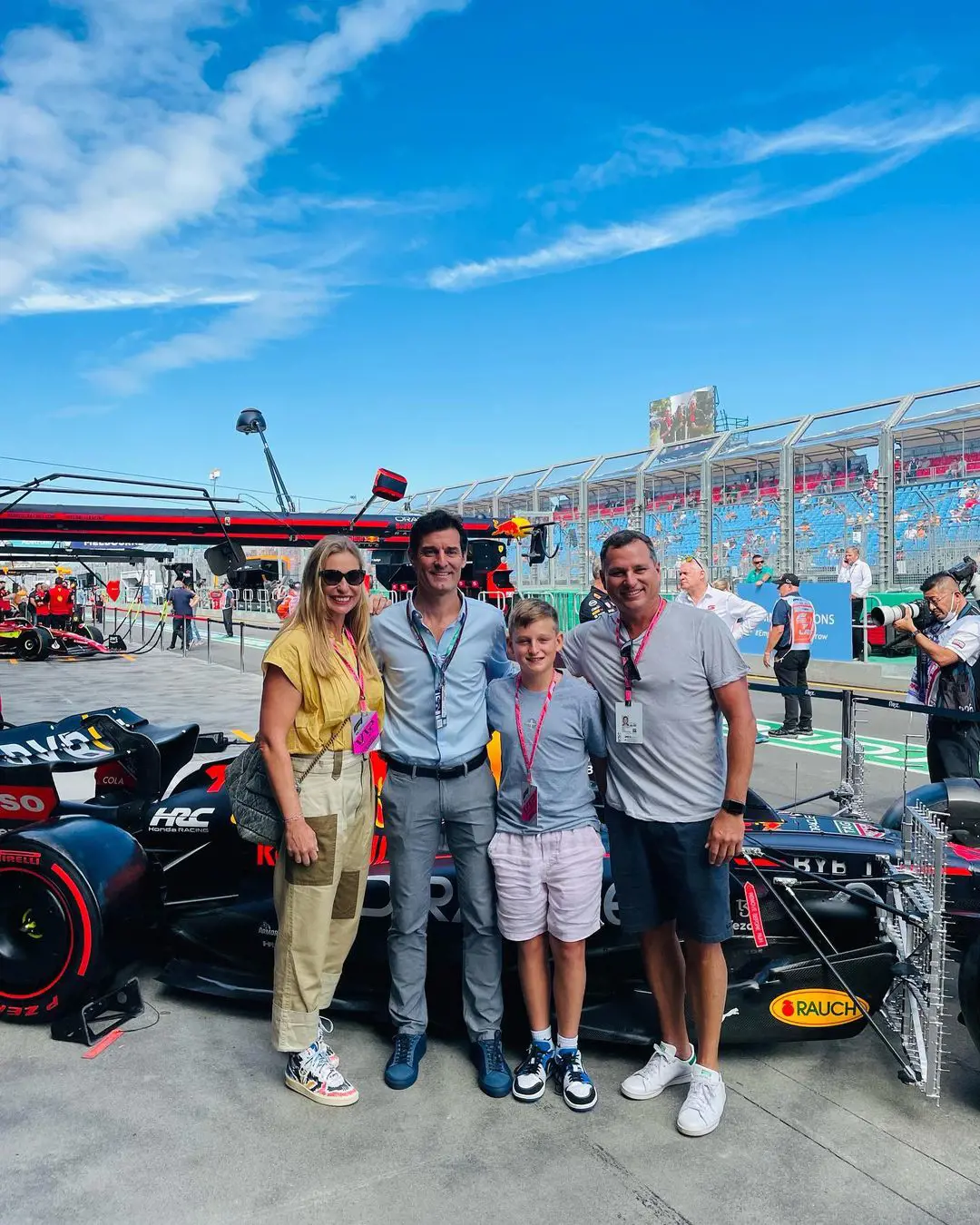 Barbara (left) with her partner Joshua (right), and their son Noah (mid-right) at Red Bull racing in Melbourne, April 2022