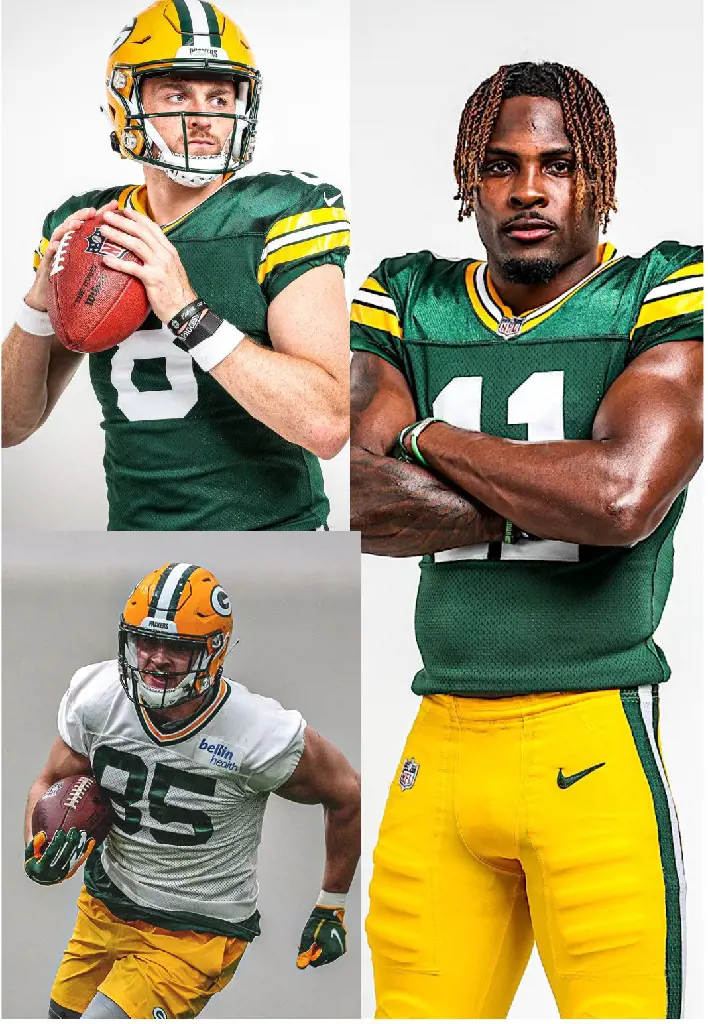 (Right) Jayden Reed posing for a portrait donning Packer's gear in May 2023