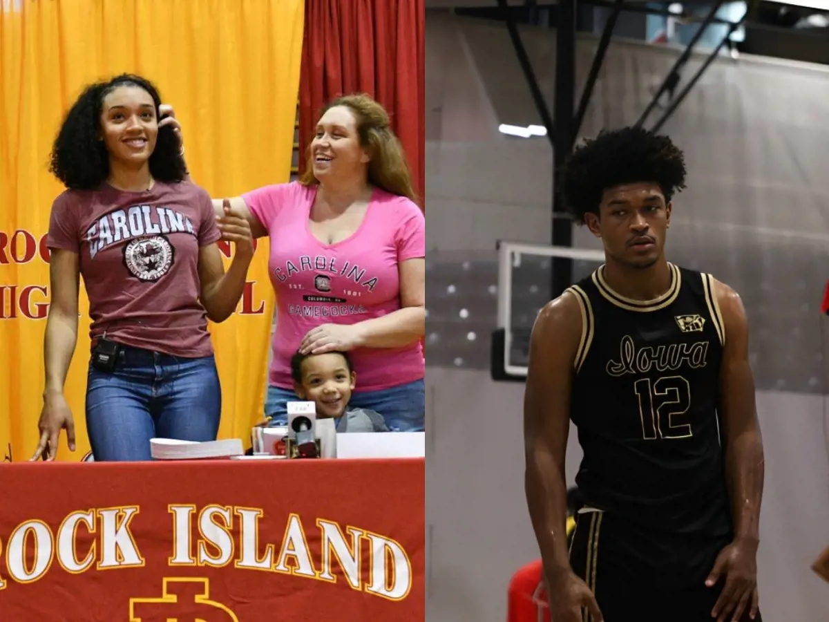 Left- Brea with Nicole and Bayron during her college announcement. Right - Baker committed to play for Fort Scott Community College. 